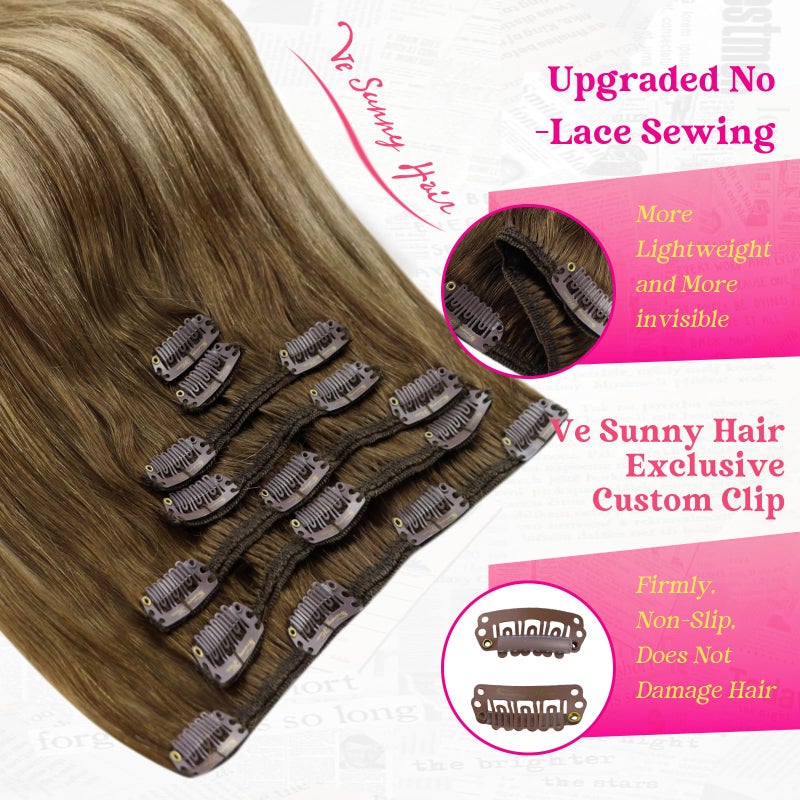Ve Sunny Clip in Hair Extensions Real Human Hair Ombre Light Brown to Platinum Blonde Balayage Hair Extensions Clip ins Remy Human Hair Thick Straight Double Weft 16 inch 120g 7pcs - Image 4